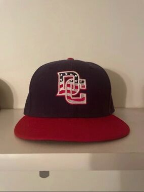 New Era Washington Nationals Navy Cap with Red Brim and Flag Logo
